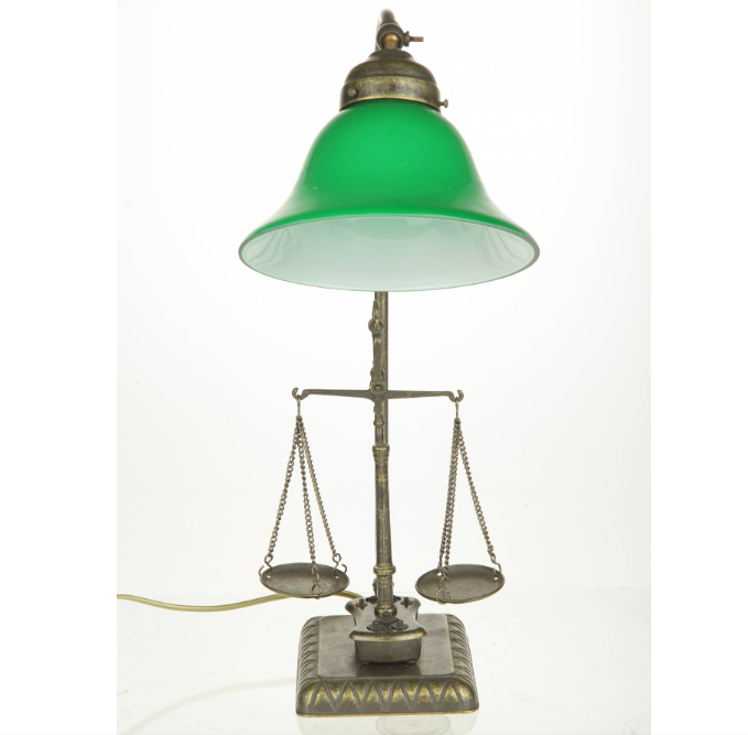 Светильник настольный "Весы" с гирьками 46х15см, зеленый плафон, 25W E14 (стекло, латунь, антик) Италия