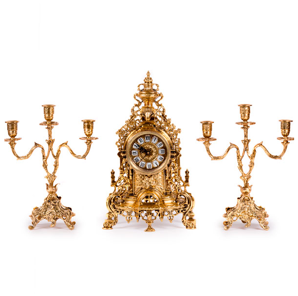 Набор часы каминные "Возрождение" с канделябрами на 3 свечи (бронза, золото) Испания