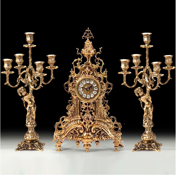 Набор часы каминные "Ренессанс" с двумя канделябрами "Ангел" на 5 свечей (бронза, золото) Испания