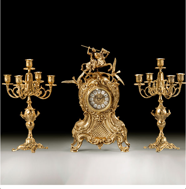 Часы каминные "Охота" 47см с канделябрами на 5 свечей 40см (бронза, золото) Испания