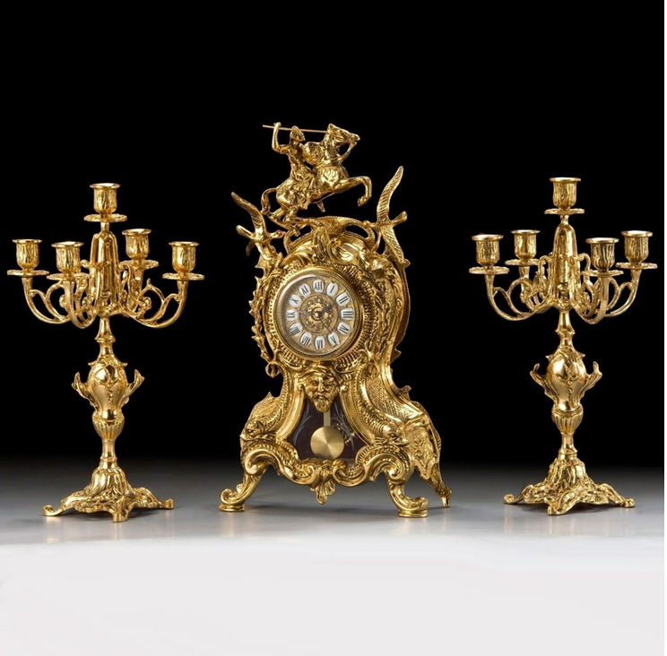 Набор часы каминные с маятником и двумя канделябрами на 5 свечей (бронза, золото) Испания   