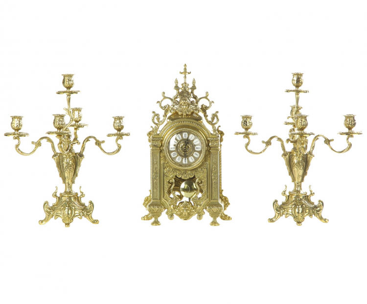Каминные часы "Рафаэль" 45см и 2 канделябра 42см (латунь, золото) Италия