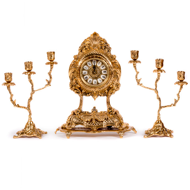 Часы каминные и канделябрами на 3 свечи (бронза, золото) Испания  