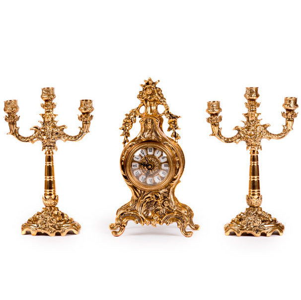 Часы каминные и канделябрами на 3 свечи (бронза, золото) Испания 