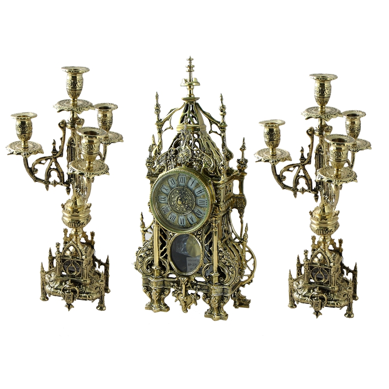 Каминные часы &quot;Готико&quot; с маятником 45см с канделябрами 44см (бронза, золото) Португалия