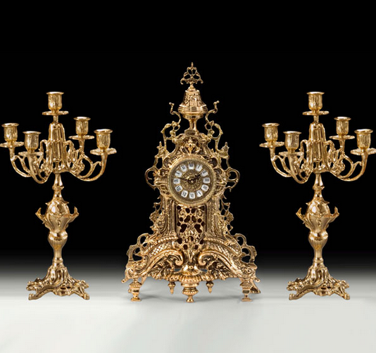 Набор часы каминные &quot;Ренессанс&quot; с двумя канделябрами на 5 свечей (бронза, золото) Испания, ручная работа (Hand made)