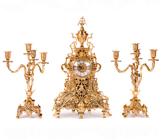 Набор часы каминные &quot;Ренессанс&quot; с двумя канделябрами на 4 свечи (бронза, золото) Испания