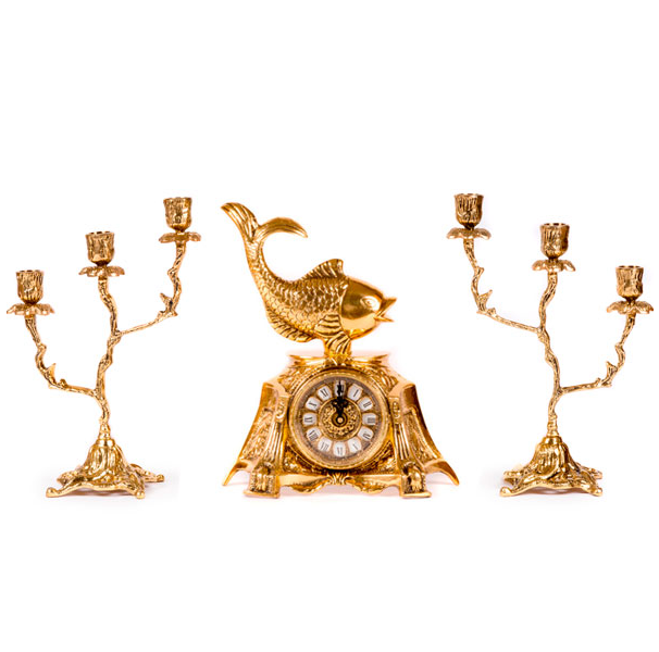 Часы каминные с канделябрами на 3 свечи (бронза, золото) Испания  