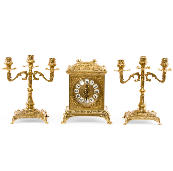 Часы каминные "Ларец" 23х18,5х14,5см с канделябрами на 3 свечи "Лориньян" 24см (латунь, золото) Италия