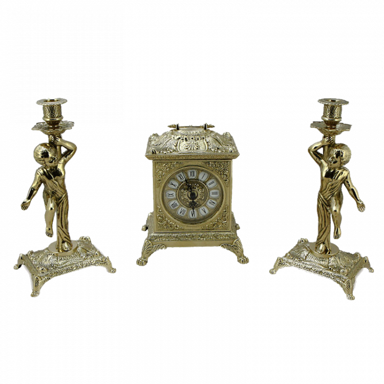 Часы каминные "Ларец" 23х18,5х14,5см с канделябрами "Купидон" 22см (латунь, золото) Италия