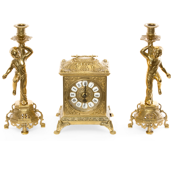 Часы каминные "Ларец" 23х18,5х14,5см с канделябрами "Купидон" 28см (латунь, золото) Италия
