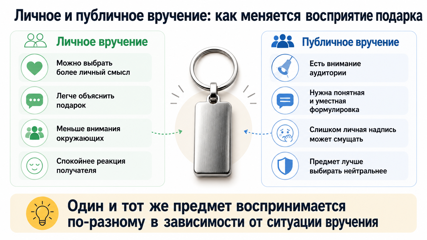 публичный подарок может восприниматься иначе, чем тот же предмет, переданный наедине.
